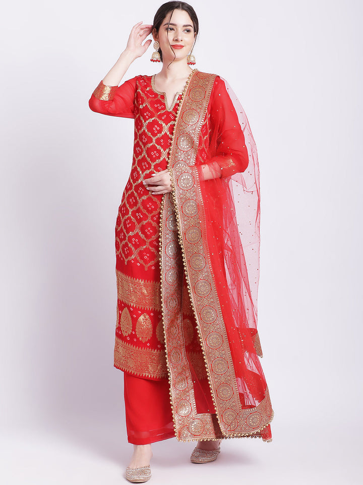 anokherang Combos Red Bandhej Bridal Kurti with Straight Palazzo