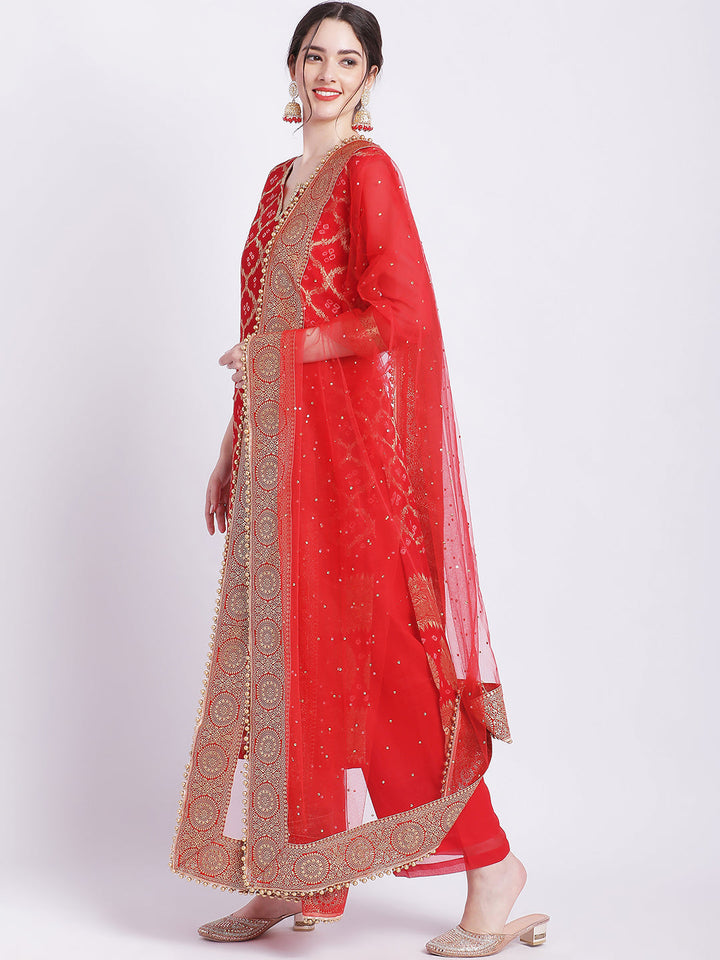 anokherang Combos Red Bandhej Bridal Kurti with Straight Palazzo