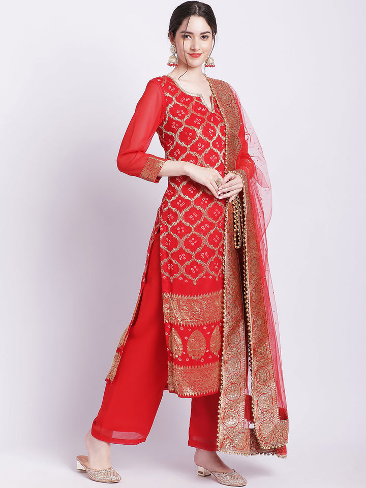 anokherang Combos Red Bandhej Bridal Kurti with Straight Palazzo