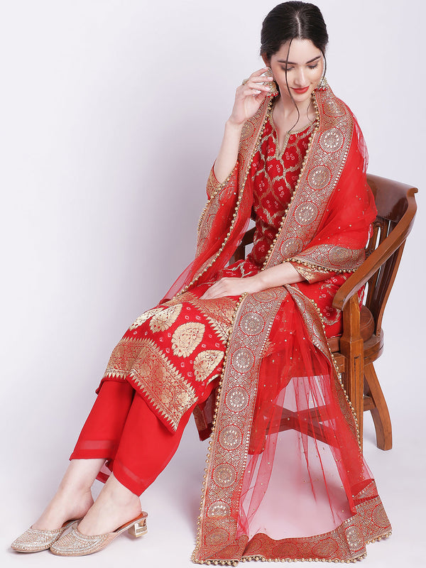 anokherang Combos Red Bandhej Bridal Kurti with Straight Palazzo