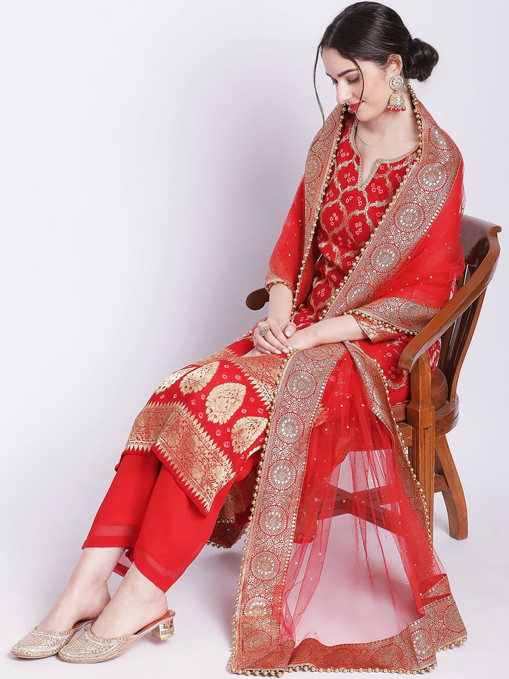 anokherang Combos Red Bandhej Bridal Kurti with Straight Palazzo