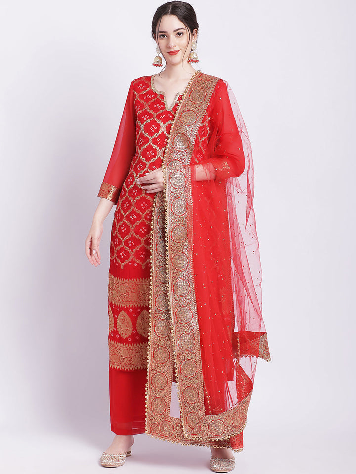 anokherang Combos Red Bandhej Bridal Kurti with Straight Palazzo