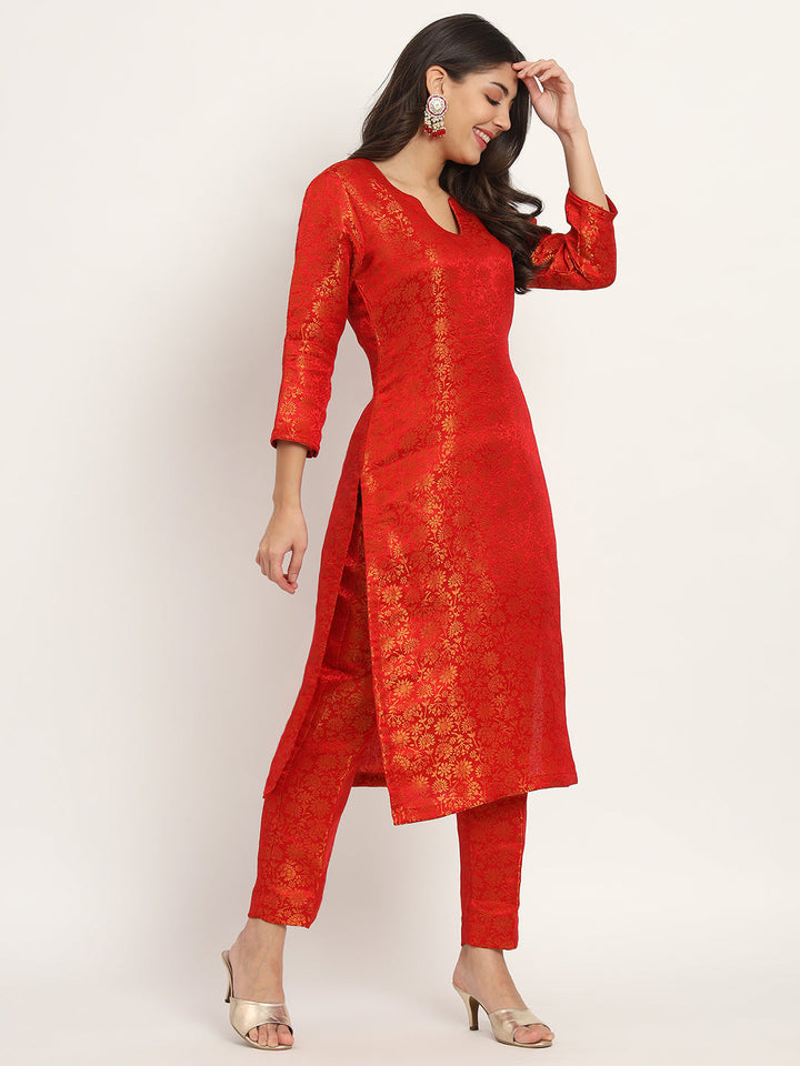 anokherang Combos Red Charm Brocade Kurti with Pants