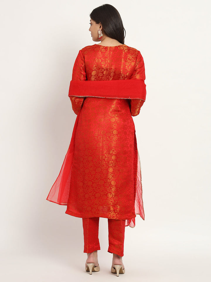 anokherang Combos Red Charm Brocade Kurti with Pants and Organza Dupatta