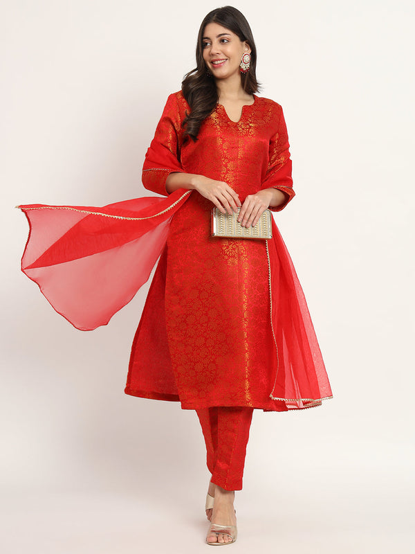 anokherang Combos Red Charm Brocade Kurti with Pants and Organza Dupatta