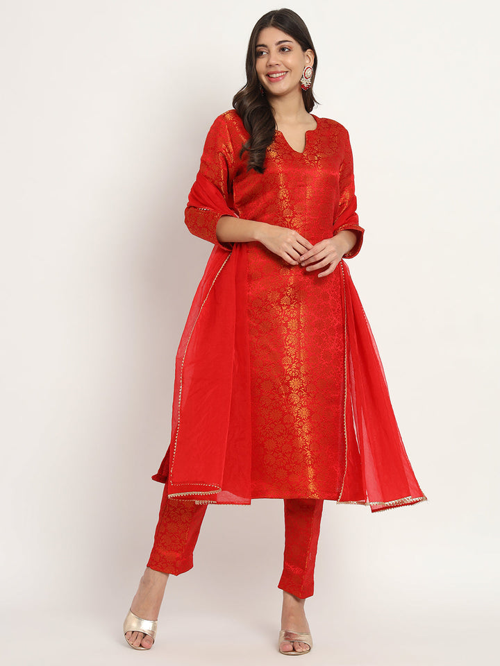 anokherang Combos Red Charm Brocade Kurti with Pants and Organza Dupatta