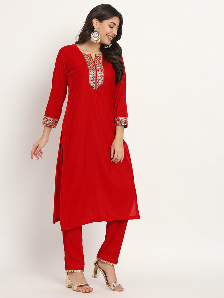 anokherang Combos RED Festive Velvet Kurti with Pants