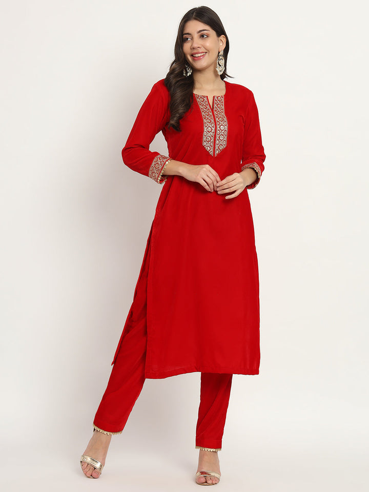 anokherang Combos RED Festive Velvet Kurti with Pants