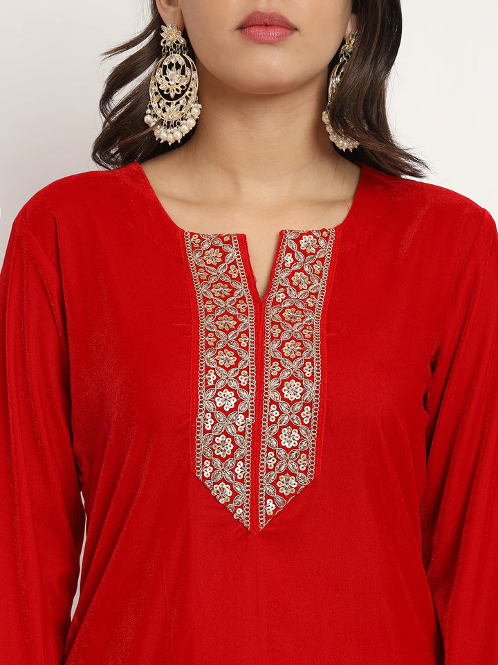 anokherang Combos RED Festive Velvet Kurti with Pants