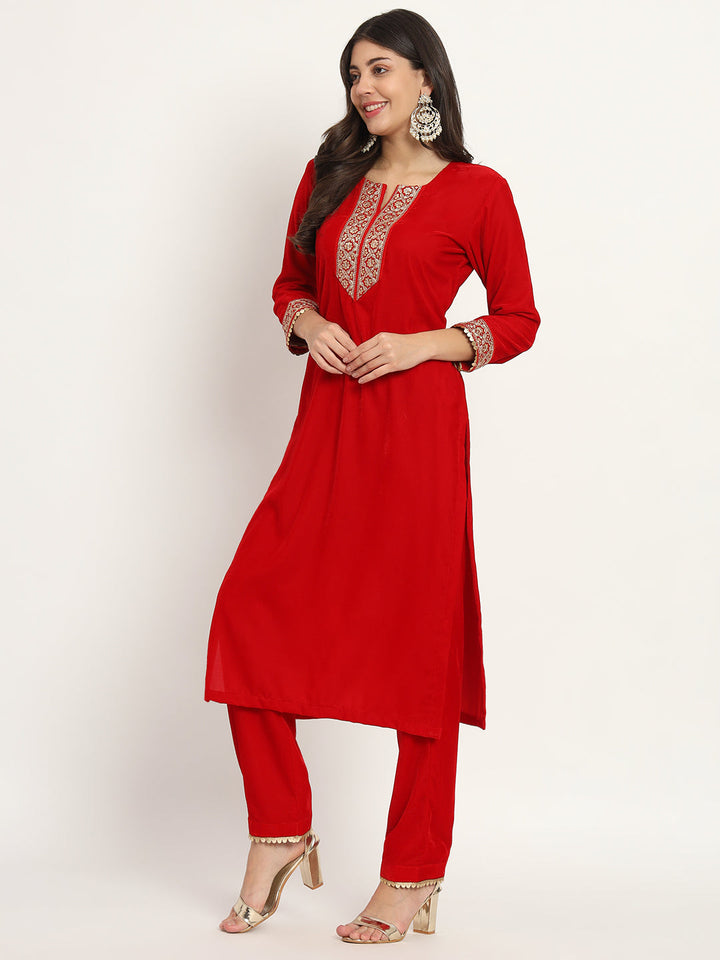 anokherang Combos RED Festive Velvet Kurti with Pants