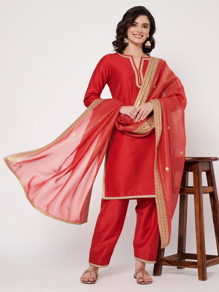 anokherang Combos Red Silk Short Kurti with Salwar and Zari Organza Dupatta