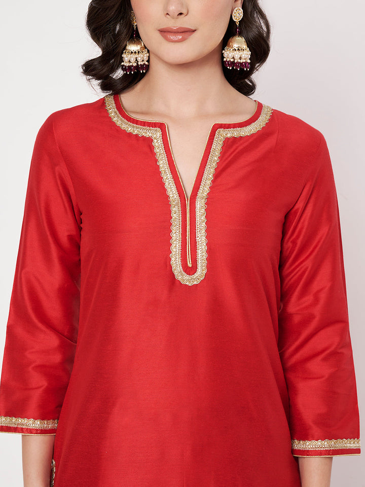 anokherang Combos Red Silk Short Kurti with Salwar and Zari Organza Dupatta