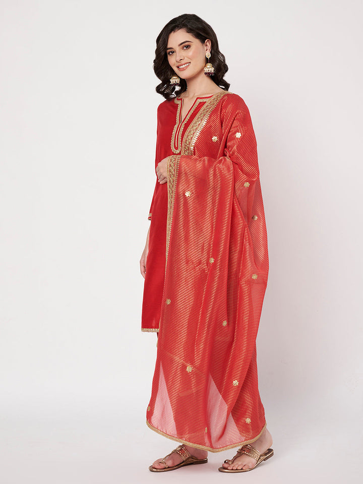 anokherang Combos Red Silk Short Kurti with Salwar and Zari Organza Dupatta