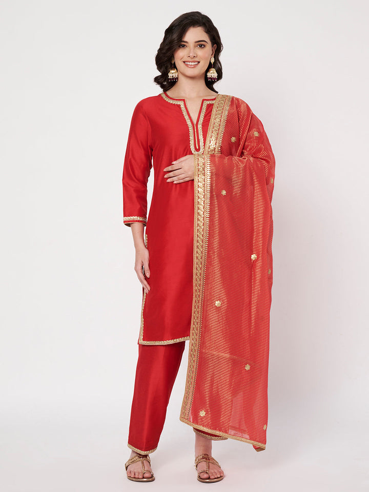 anokherang Combos Red Silk Short Kurti with Salwar and Zari Organza Dupatta