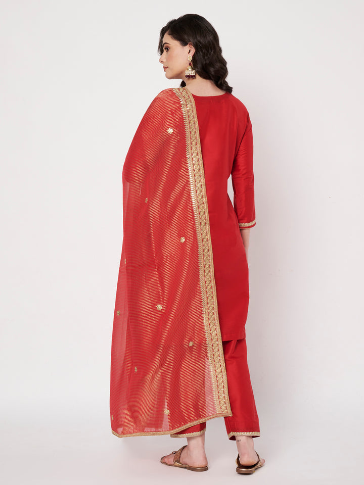 anokherang Combos Red Silk Short Kurti with Salwar and Zari Organza Dupatta