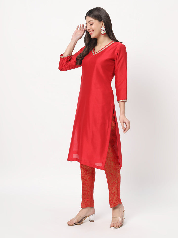 anokherang Combos Red Silk Straight Kurti with Brocade Pants