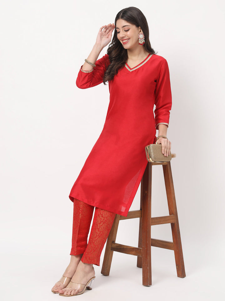 anokherang Combos Red Silk Straight Kurti with Brocade Pants