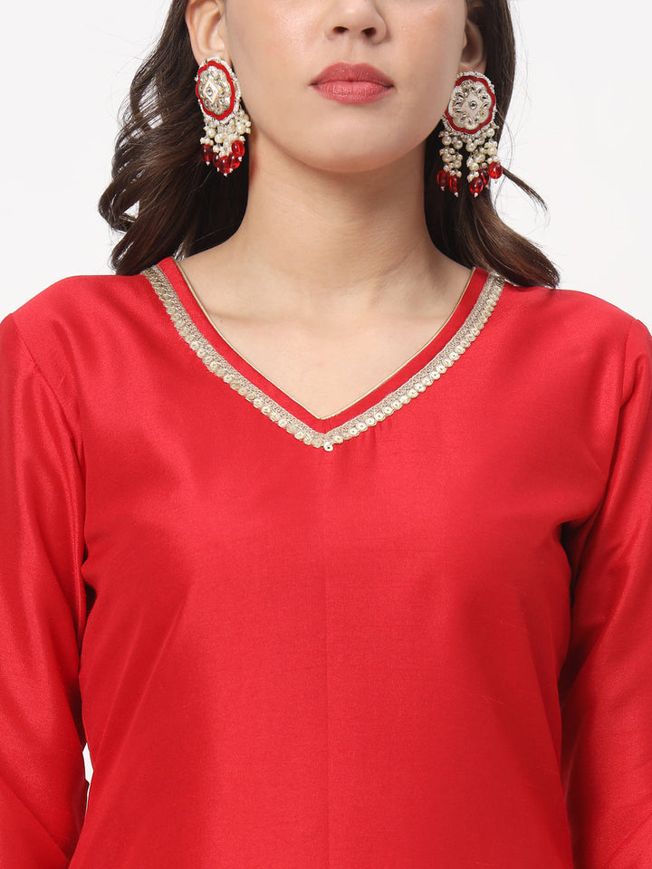 anokherang Combos Red Silk Straight Kurti with Brocade Pants