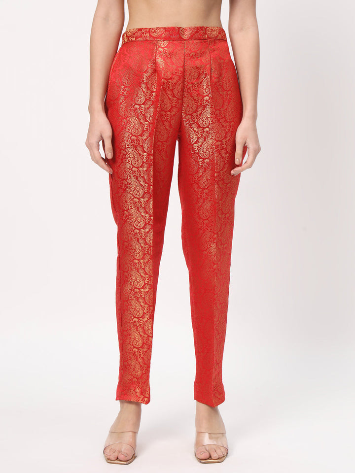 anokherang Combos Red Silk Straight Kurti with Brocade Pants