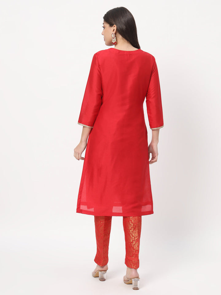 anokherang Combos Red Silk Straight Kurti with Brocade Pants