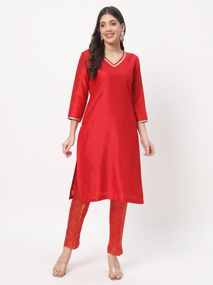 anokherang Combos Red Silk Straight Kurti with Brocade Pants