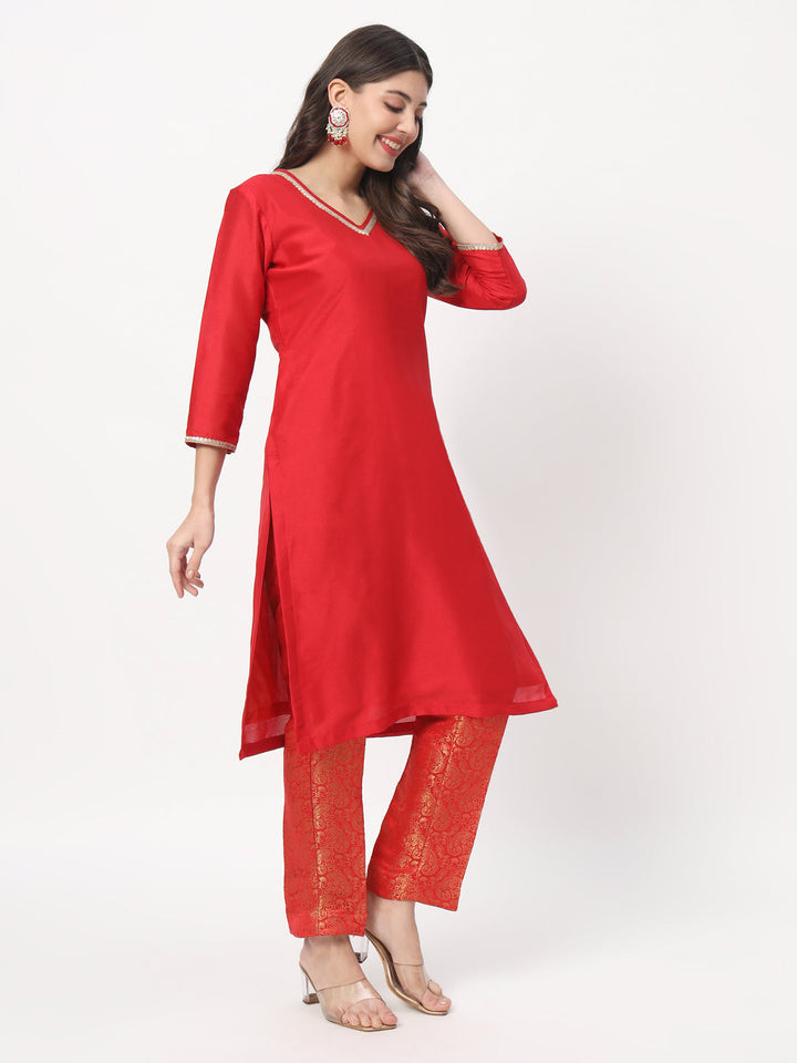 anokherang Combos Red Silk Straight Kurti with Brocade Pants