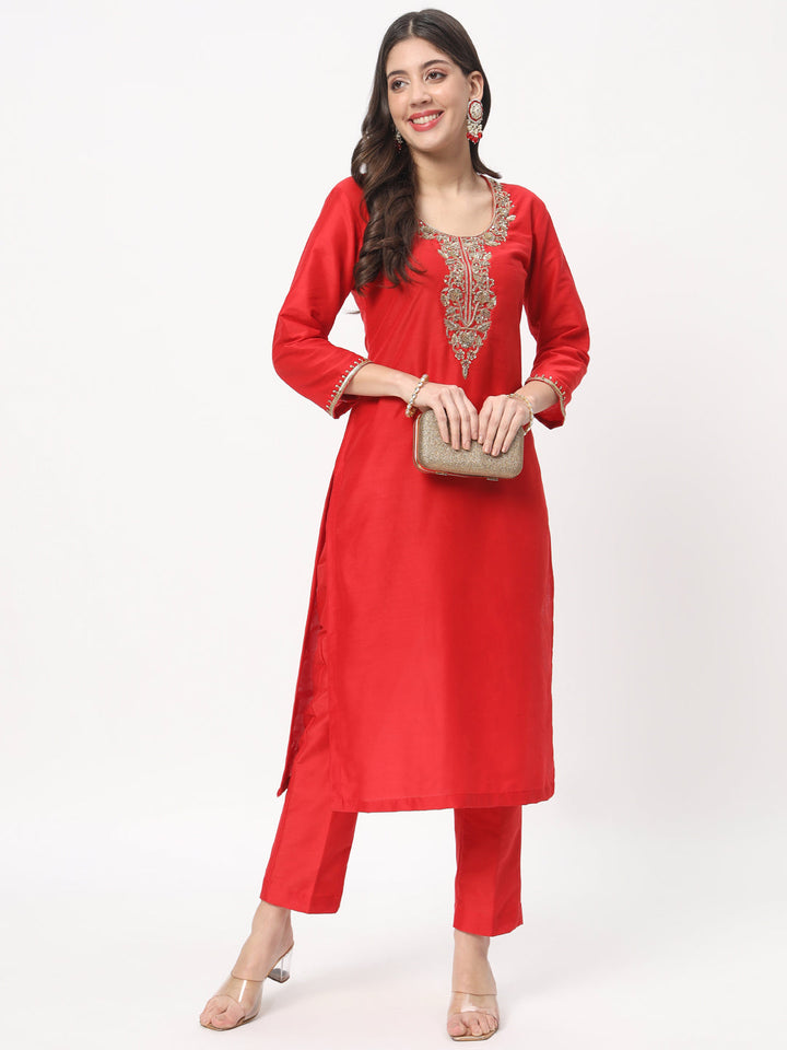 anokherang Combos Red Zardozi Embroidered Straight Kurti with Straight Pants