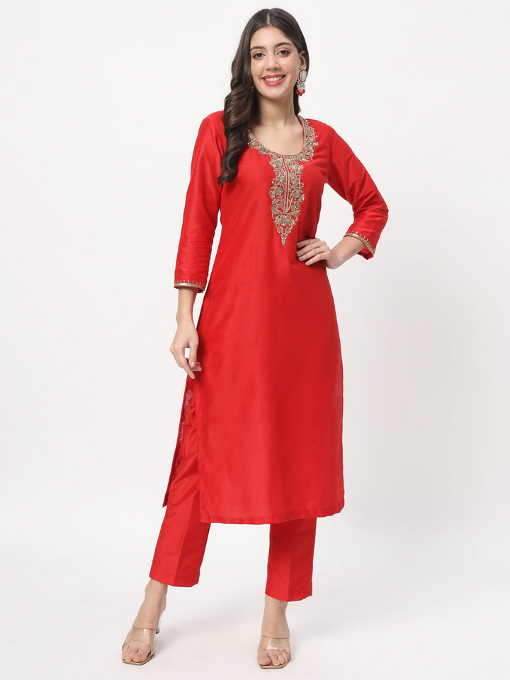 anokherang Combos Red Zardozi Embroidered Straight Kurti with Straight Pants