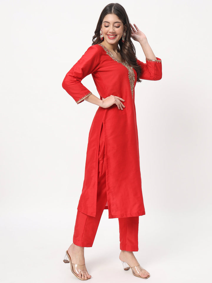 anokherang Combos Red Zardozi Embroidered Straight Kurti with Straight Pants