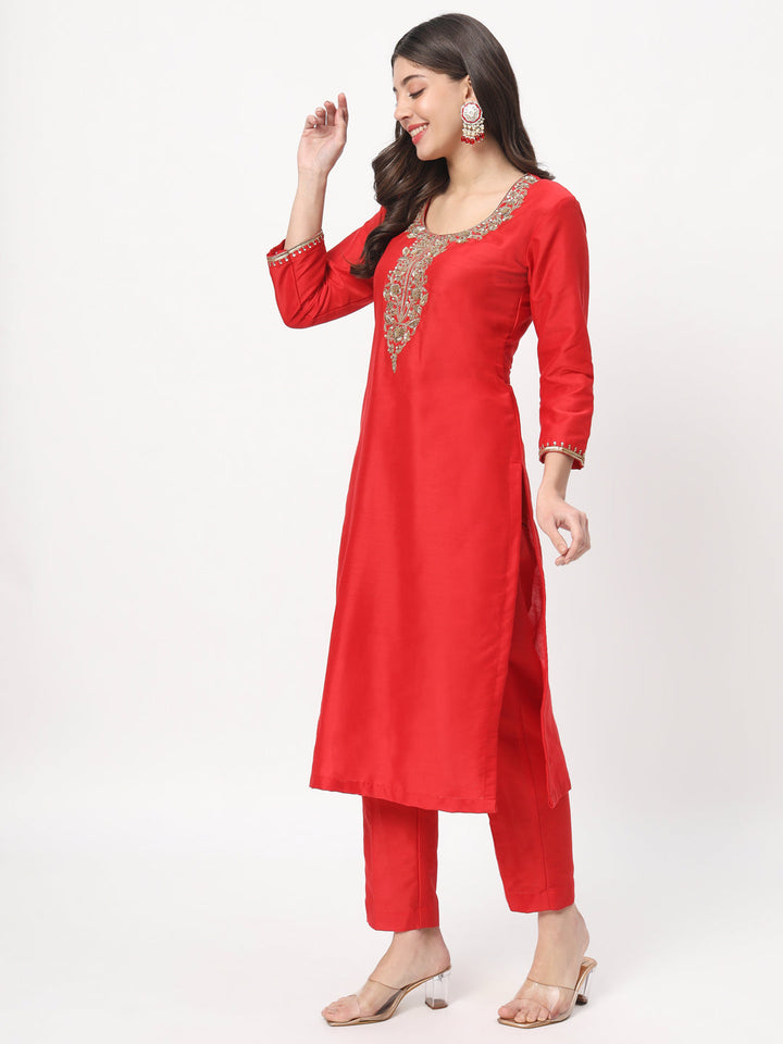 anokherang Combos Red Zardozi Embroidered Straight Kurti with Straight Pants