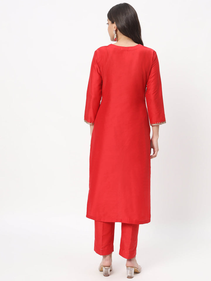 anokherang Combos Red Zardozi Embroidered Straight Kurti with Straight Pants