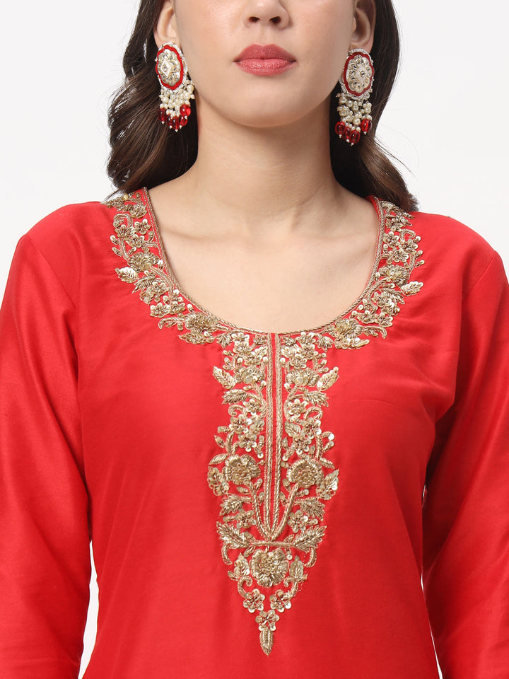 anokherang Combos Red Zardozi Embroidered Straight Kurti with Straight Pants and Scalloped Embroidered Net Dupatta