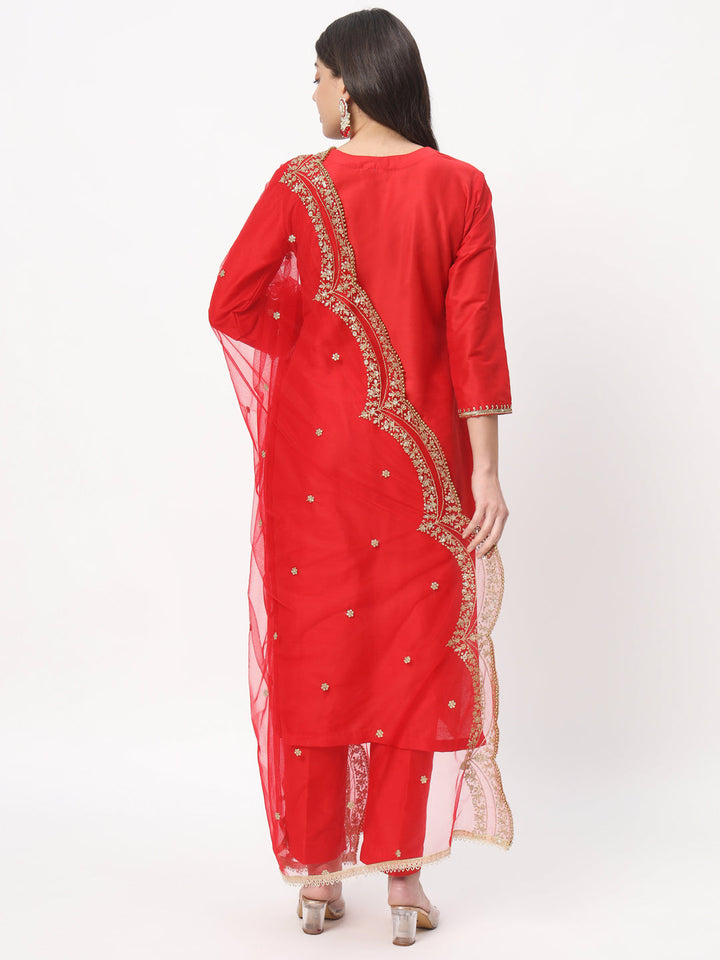 anokherang Combos Red Zardozi Embroidered Straight Kurti with Straight Pants and Scalloped Embroidered Net Dupatta