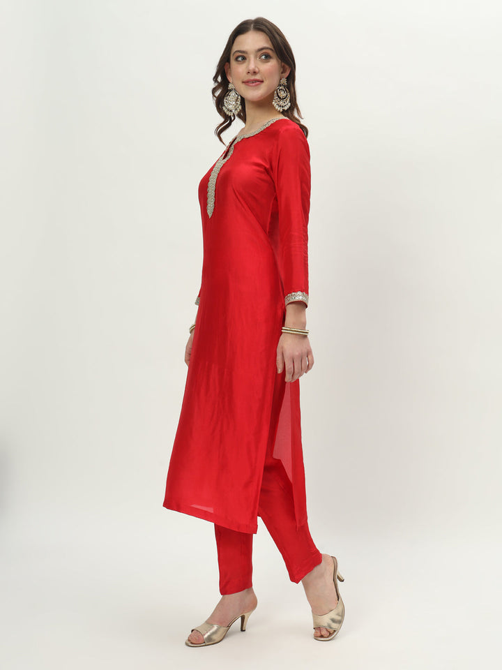 anokherang Combos Refined Red Silk Kurti with Pants and Floral Zari Silk Dupatta