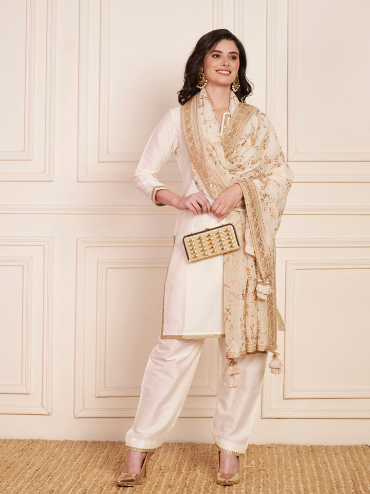 anokherang Combos Regal Ivory Silk Short Kurti with Salwar and Zari Embroidered Georgette Dupatta