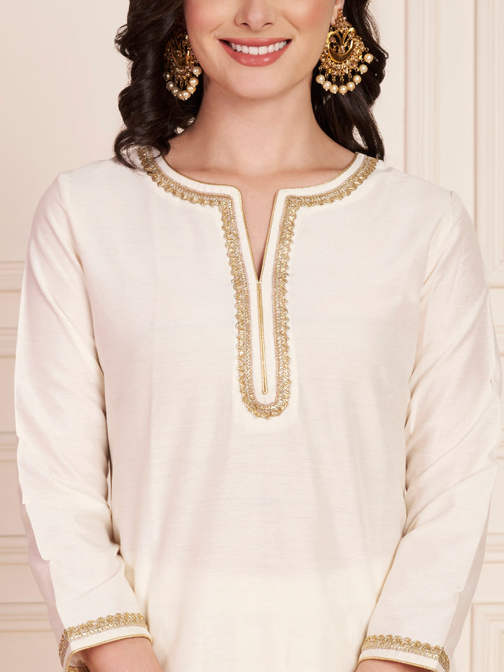 anokherang Combos Regal Ivory Silk Short Kurti with Salwar and Zari Embroidered Georgette Dupatta