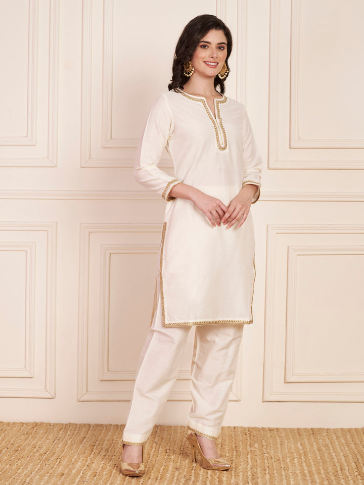 anokherang Combos Regal Ivory Silk Short Kurti with Salwar and Zari Embroidered Georgette Dupatta