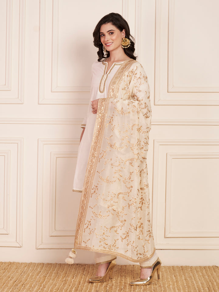 anokherang Combos Regal Ivory Silk Short Kurti with Salwar and Zari Embroidered Georgette Dupatta