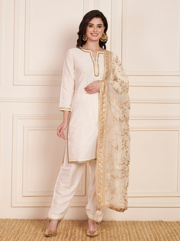 anokherang Combos Regal Ivory Silk Short Kurti with Salwar and Zari Embroidered Georgette Dupatta