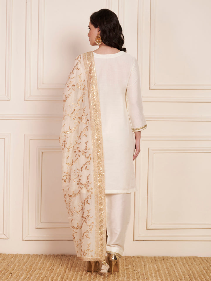 anokherang Combos Regal Ivory Silk Short Kurti with Salwar and Zari Embroidered Georgette Dupatta