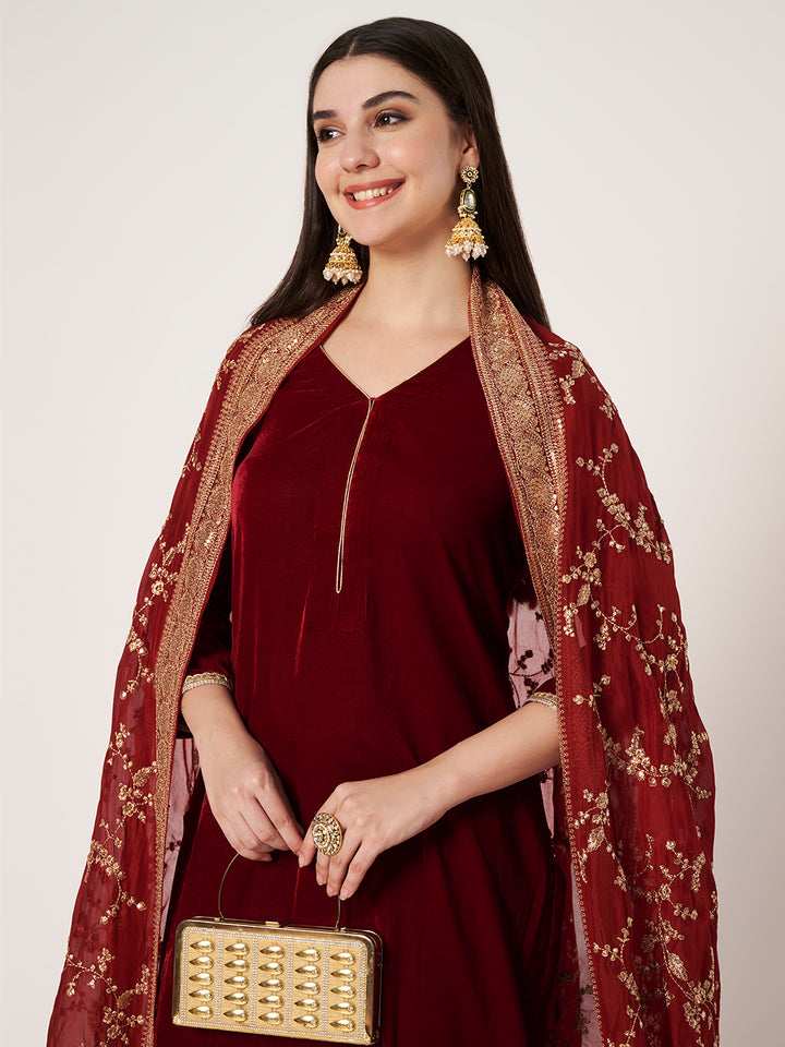 anokherang Combos Regal Maroon Velvet Straight Kurti with Pants and Embroidered Chinnon Dupatta