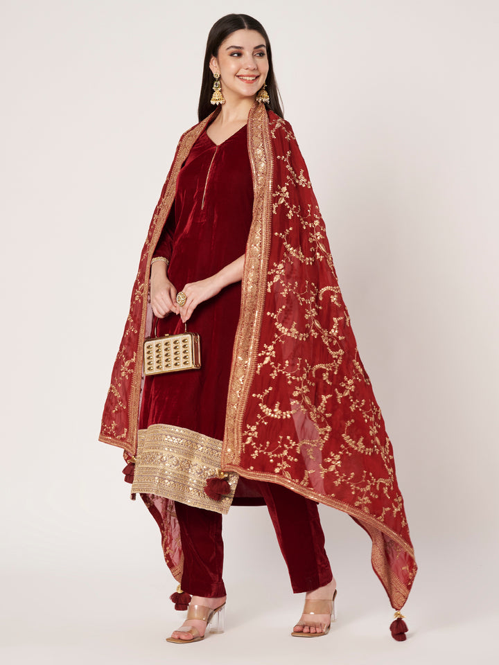anokherang Combos Regal Maroon Velvet Straight Kurti with Pants and Embroidered Chinnon Dupatta