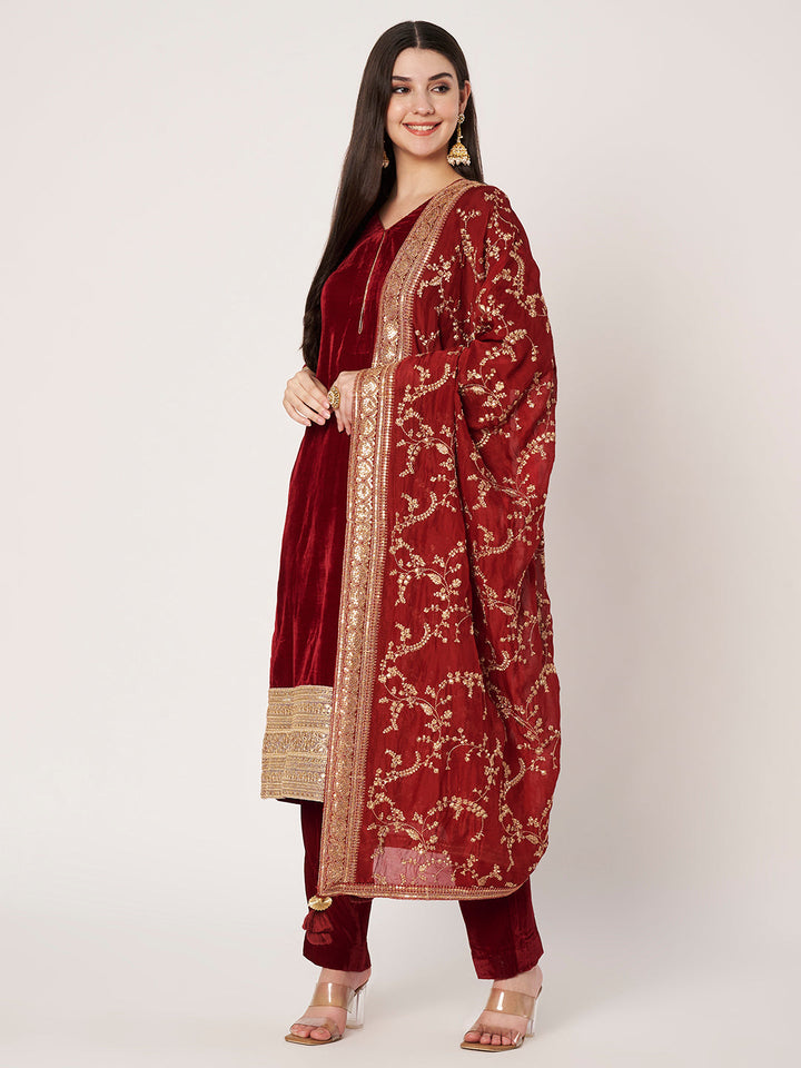 anokherang Combos Regal Maroon Velvet Straight Kurti with Pants and Embroidered Chinnon Dupatta