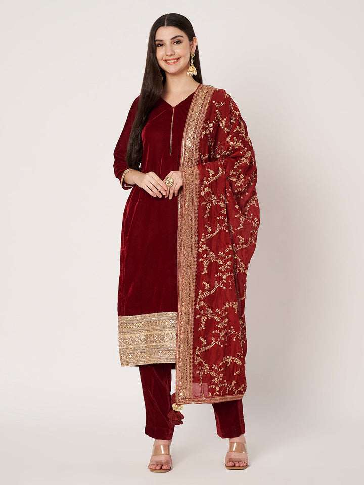 anokherang Combos Regal Maroon Velvet Straight Kurti with Pants and Embroidered Chinnon Dupatta