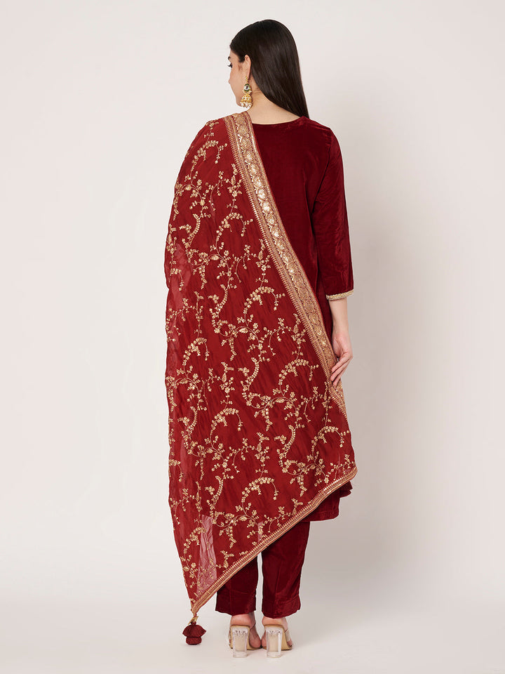 anokherang Combos Regal Maroon Velvet Straight Kurti with Pants and Embroidered Chinnon Dupatta