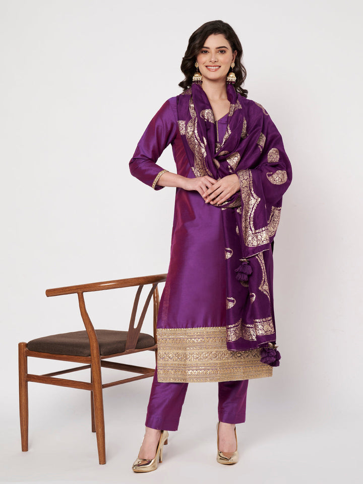 anokherang Combos Regal Purple Silk Kurti with Pants and Weaved Dupatta