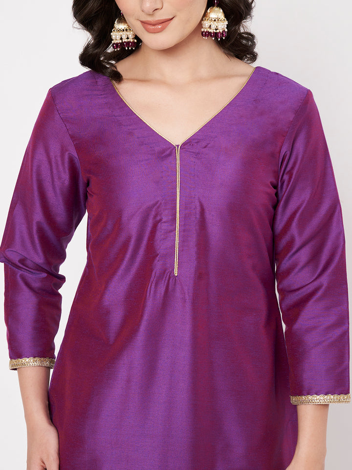 anokherang Combos Regal Purple Silk Kurti with Pants and Weaved Dupatta