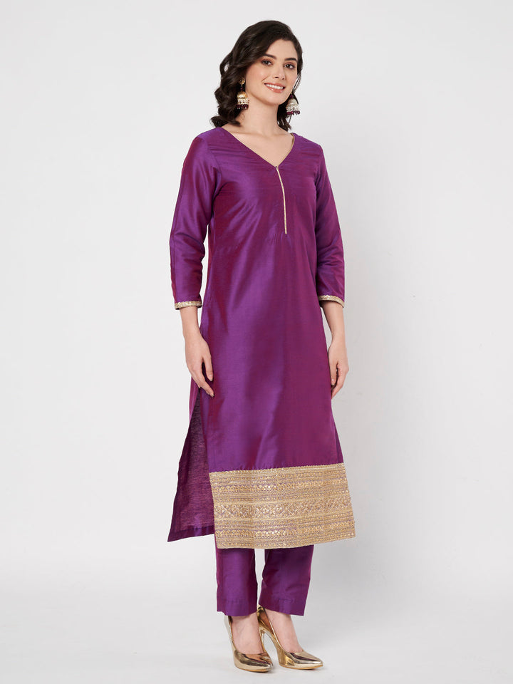 anokherang Combos Regal Purple Silk Kurti with Pants and Weaved Dupatta