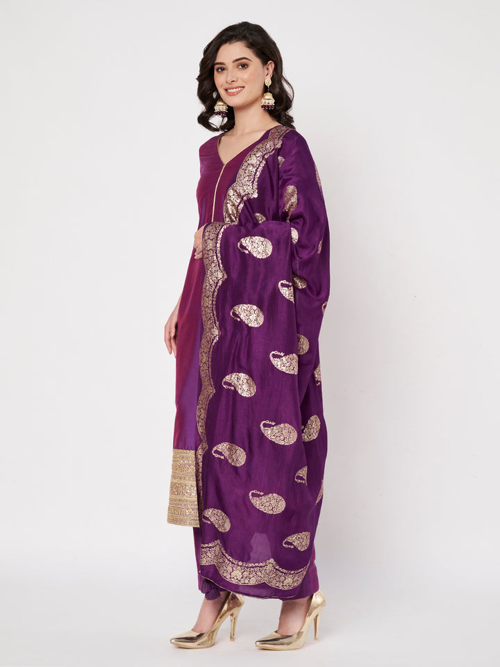 anokherang Combos Regal Purple Silk Kurti with Pants and Weaved Dupatta