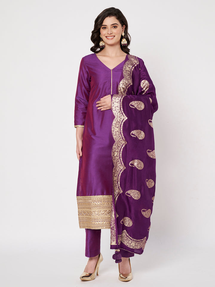 anokherang Combos Regal Purple Silk Kurti with Pants and Weaved Dupatta
